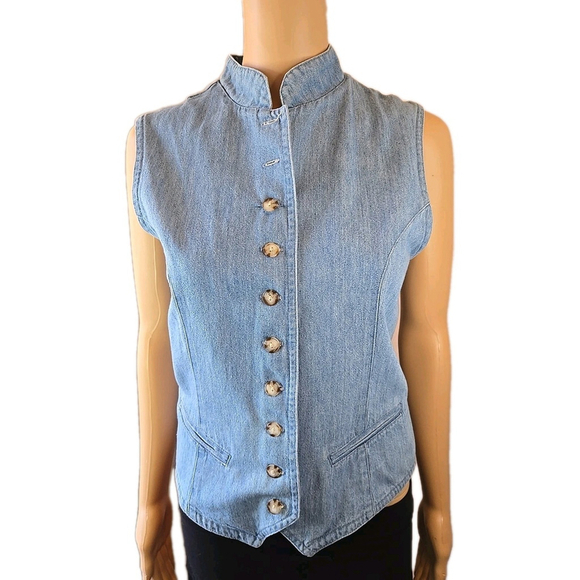 Metaphor Tops - Metaphor Women's Vintage 90s Blue Denim Banded Collar Button Vest Size 10